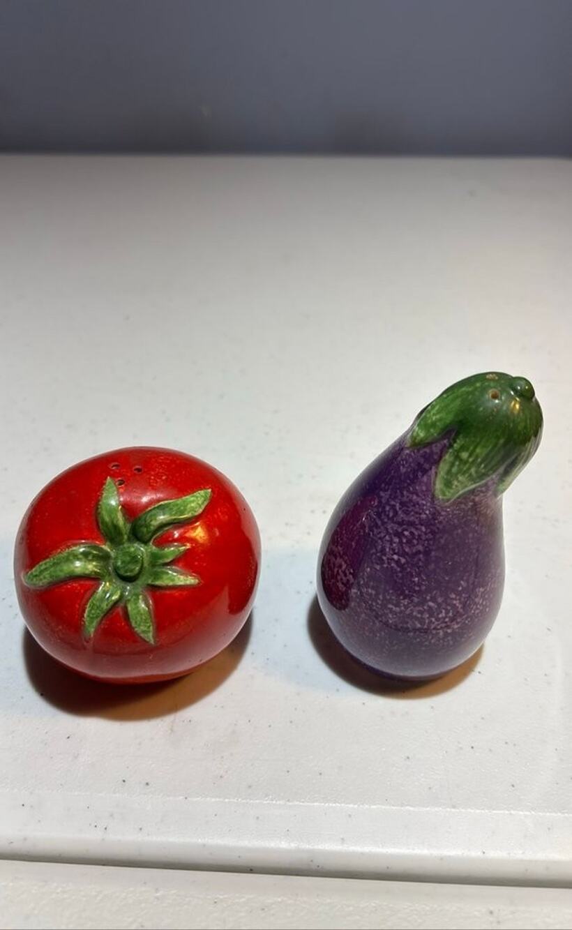 Vintage Ceramic Tomato and Eggplant Salt and Pepper Shakers